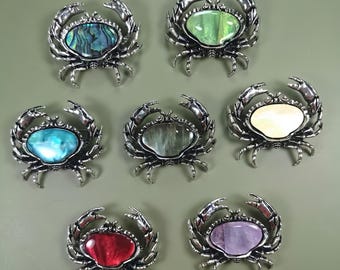 Crab Abalone Shell Knob, Silver Crab Drawer Pull, Coastal Cabinet Hardware, Unique Animal Knob