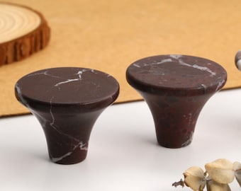 Rosso Trumpet brass cabinet knobs, Round flat travertine marble drawer knobs handles, Custom engrave dresser pulls, 40mm