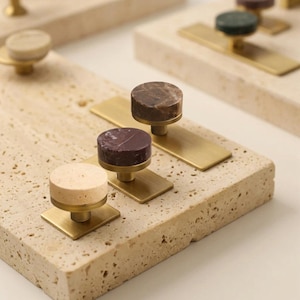 Tiradores redondos de mármol travertino con base de latón para armarios, tiradores de cajones Dark Emperador, tiradores de cómoda Rosso, pomos para cómoda