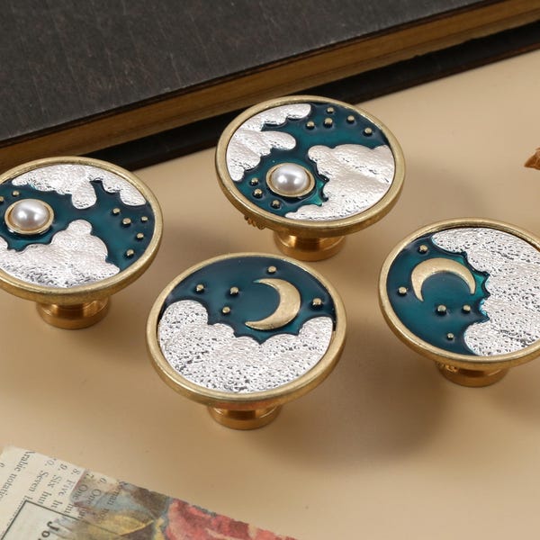 Vintage sun and moon drawer knob, Unique round pearl cabint knobs, Brass Door pulls handles, Hardware