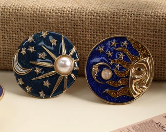 Vintage Celestial Enamel Drawer Knobs, Gold Sun Moon Cabinet Pulls with Pearl, Royal Blue Cosmic Furniture Hardware