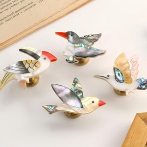 Abalone Shell Bird Cabinet Knob, Handmade Mother of Pearl Drawer Pull, Boho Animal Furniture Hardware, Unique Home Decor