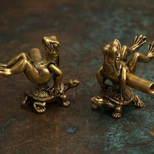 Vintage Brass Frog On Turtle Cabinet Knobs, Funny Reclining Frog Drawer Pulls, Antique Metal Animal Furniture Hardware