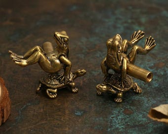 Vintage Brass Frog On Turtle Cabinet Knobs, Funny Reclining Frog Drawer Pulls, Antique Metal Animal Furniture Hardware