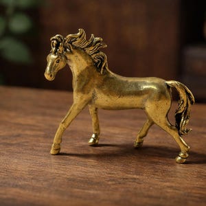 May include: A detailed, gold-coloured horse figurine. The sculpture depicts a horse in a walking pose, with its head slightly lowered and mane flowing. The figurine is made of a shiny, metallic material and is placed on a wooden surface.