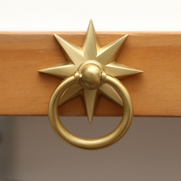 Brass star ring pull knob/gold star backplate door handle/star ring cabinet pull/ring drawer pull /furniture hardware