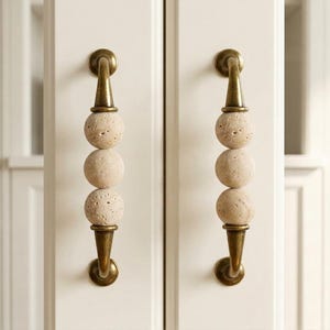 Natural Travertine Sphere Beaded Cabinet Pull, Aged Brass Vintage Drawer Handle, Furniture Hardware for Dresser and Cupboard