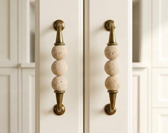 Natural Travertine Sphere Beaded Cabinet Pull, Aged Brass Vintage Drawer Handle, Furniture Hardware for Dresser and Cupboard