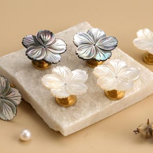 Könnte beinhalten: Dekorative Schrankknöpfe in Blumenform. Die Knöpfe haben eine Perlmutt-Oberfläche in Weiß und Grau mit goldfarbenen Sockeln. Sie sind auf einem weißen Steinblock angeordnet, mit einer Perle und getrockneten Blättern in der Nähe.