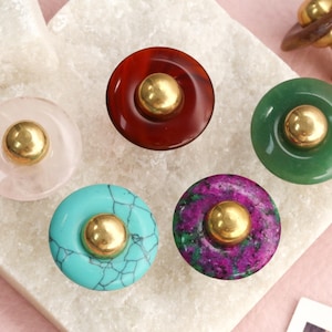 Natural Stone Cabinet Knobs , Rose Quartz Amethyst Aventurine Tiger Eye Brass Drawer Pulls, Unique Furniture Hardware