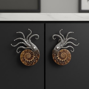 Puede incluir: Dos tiradores de armario con diseño de concha de nautilus. Los tiradores presentan un diseño de pulpo plateado sobre una concha de nautilus marrón y beige. Los tiradores están montados en una puerta de armario negra.