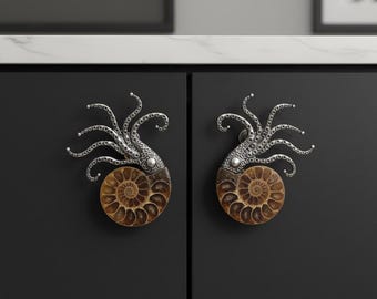Natural spotted cowrie octopus drawer knob, Marine creature silver dresser knobs, Brass Door pulls handles, Hardware