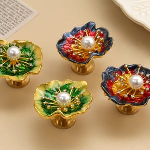 Pearl Flower Drawer Knob, Rhinestone Enamel Cabinet Pull, Vintage Floral Dresser Handle