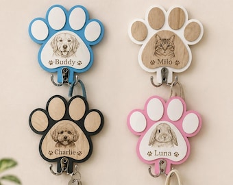 Gancho de pared personalizado con forma de pata de perro y retrato, soporte personalizado para correa de mascota con foto de perro, regalo para amantes de los perros.