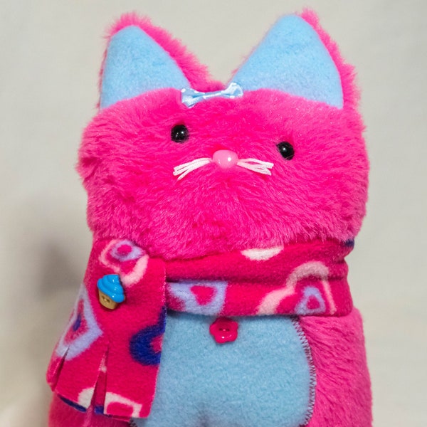 Cerise Hearts Chonky Cat! Fuzzy Fur Cat Plush With Fleece Details