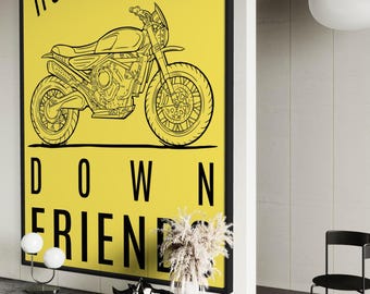 Amigos, con el lado de goma hacia abajo — Póster de arte lineal de motocicleta / Arte mural de garaje amarillo intenso /