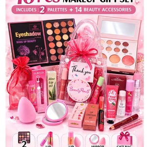 16 PCS Makeup Gift Set – 2 Palettes + 14 Beauty Accessories