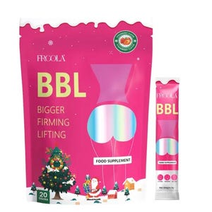 May include: A pink food supplement package and a single-serving stick. The package features the text "FROOLA BBL" with the words "BIGGER FIRMING LIFTING" below. A Christmas tree and Santa Claus are also depicted. The stick has the same branding.