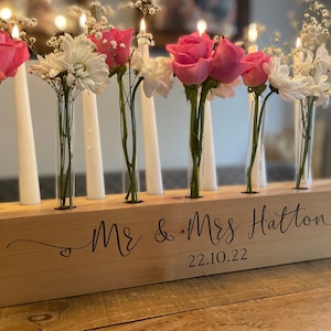 Wooden Engraved Personalised Table Centrepiece. Test Tube Flower Decoration