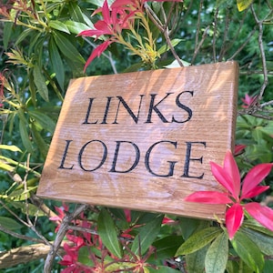 May include: A wooden sign with the text "LINKS LODGE" in black lettering. The sign is mounted on a tree branch with red flowers in the background.
