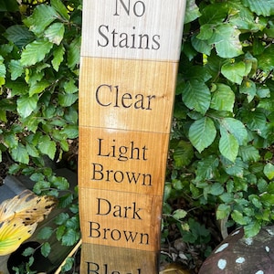 May include: A wooden sign with five sections, each stained a different color. The sections are labeled "No Stains", "Clear", "Light Brown", "Dark Brown", and "Black".