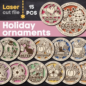 Paquete SVG de 15 adornos navideños. Archivo cortado por láser para Glowforge, Medalla Pascua Halloween Navidad Verano Svg Dxf Ai Pdf Cdr DESCARGA INSTANTE