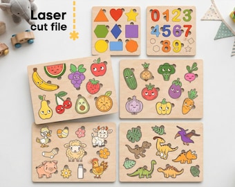 Paquete SVG de rompecabezas para bebé. Archivo cortado a láser para Glowforge. Tablero de rompecabezas Montessori con animales, frutas y números. Descarga instantánea en SVG, DXF, AI, PDF, CDR.