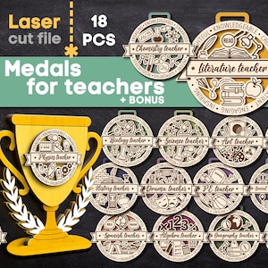 Paquete de 18 adornos para profesores SVG Archivo cortado con láser para regalo de maestro de medalla Glowforge Matemáticas Química Biología Svg Dxf Ai Pdf Cdr DESCARGA INSTANTÁNEA