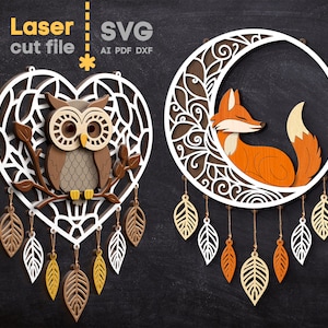 Pacchetto SVG di acchiappasogni. File tagliato al laser per Glowforge, Gufo Volpe Foglie Cuore Luna Segno Decorazione da parete, Svg Dxf Ai Pdf Cdr, DOWNLOAD IMMEDIATO