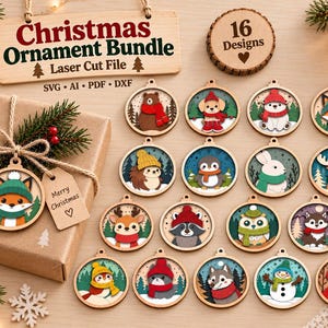 May include: A Christmas ornament bundle laser cut file set featuring 16 circular wooden designs with colorful illustrations of animals like bears, foxes, and penguins in winter gear, plus a gift box with a fox ornament and a Merry Christmas tag.