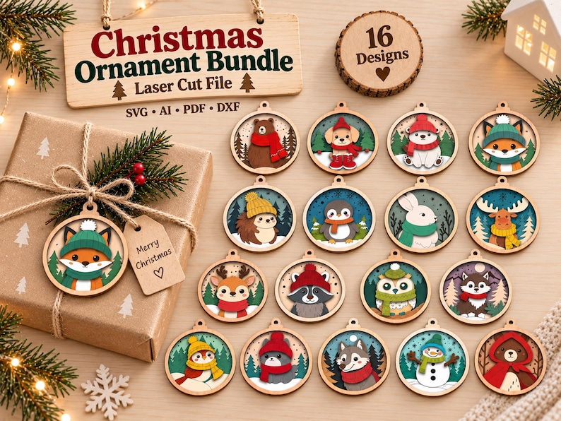 May include: A Christmas ornament bundle laser cut file set featuring 16 circular wooden designs with colorful illustrations of animals like bears, foxes, and penguins in winter gear, plus a gift box with a fox ornament and a Merry Christmas tag.