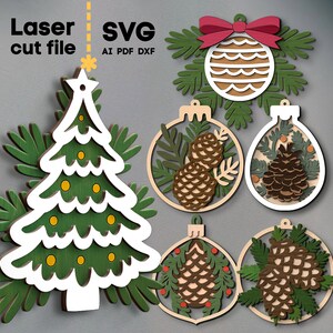 Könnte beinhalten: Laserschnittdatei SVG, AI, PDF, DXF für Weihnachtsbaumschmuck.  Sechsteiliges Ornament-Set mit einem Weihnachtsbaum, einem runden Ornament mit Schleife und vier runden Ornamenten mit Tannenzapfen und Grün.