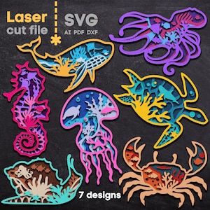 Zeedieren SVG bundel Laser gesneden bestand Glowforge Cricut krab Medusa Seahorse schildpad walvis Octopus slak Svg Dxf Ai Pdf Cdr INSTANT DOWNLOAD