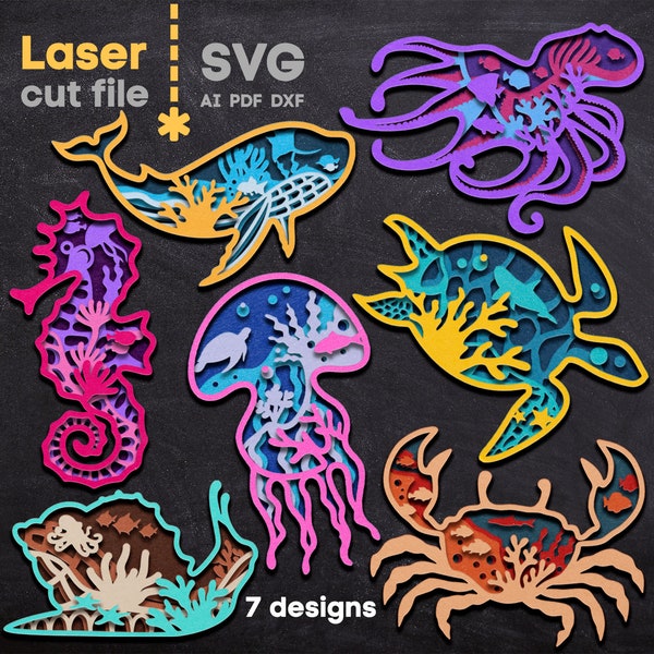 Sea creatures SVG Bundle Laser cut file Glowforge Cricut Crab Medusa Seahorse Turtle Whale Octopus Snail Svg Dxf Ai Pdf Cdr INSTANT DOWNLOAD