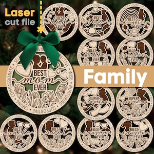 Famiglia albero di Natale giocattoli SVG Bundle file di taglio laser per medaglia Glowforge migliore mamma di sempre miglior papà figlio zia Svg Dxf Ai Pdf Cdr DOWNLOAD immediato
