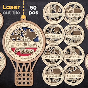 50 のアメリカの州バンドル SVG。Glowforge 用レーザーカット ファイル、メダル リワード プライズ アワード エアバルーン SVG Dxf Ai Pdf Cdr、即時ダウンロード