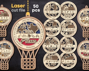 50 American States Bundle SVG. Laser cut file for Glowforge, Medal Ornament Prize Award Air Balloon, Svg Dxf Ai Pdf Cdr, INSTANT DOWNLOAD