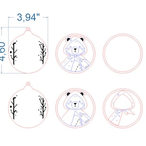 May include: A set of circular ornaments featuring line art designs. One design shows a bear wearing a hooded cloak, another shows a bare tree branch, and one shows a hood. The ornaments measure 3.94 inches in width and 4.60 inches in height.