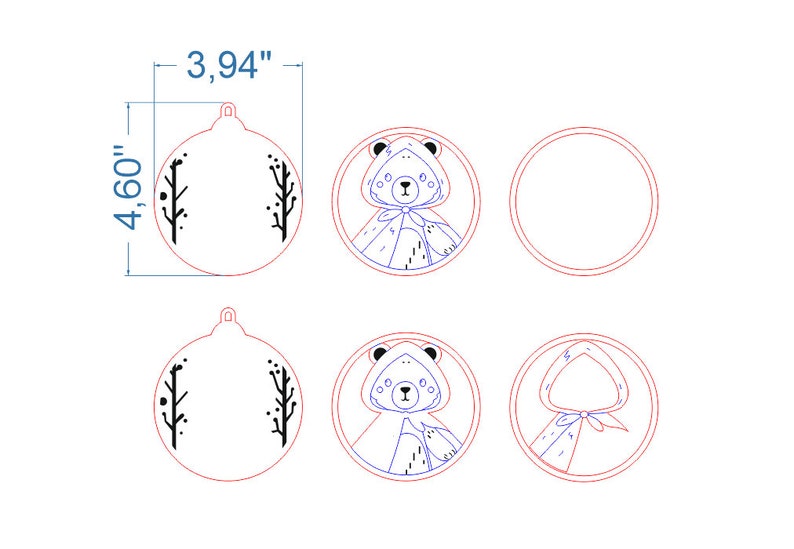May include: A set of circular ornaments featuring line art designs. One design shows a bear wearing a hooded cloak, another shows a bare tree branch, and one shows a hood. The ornaments measure 3.94 inches in width and 4.60 inches in height.