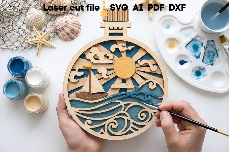 Lot de bouteilles de mer SVG. Fichier découpé au laser pour Glowforge, océan poisson dauphin hippocampe ancre navire sirène, Svg Dxf Ai Pdf Cdr, téléchargement immédiat image 7