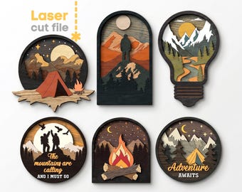 Сamping SVG Bundle. Laser cut file for Glowforge, Campfire Camper Mountains River Tent Forest Nature, Svg Dxf Ai Pdf Cdr, INSTANT DOWNLOAD