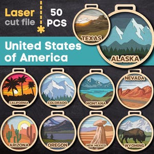 50 American States Bundle SVG. Laser cut file for Glowforge, Medals Award Ball Painting Decor Ornament, Svg Dxf Ai Pdf Cdr, INSTANT DOWNLOAD