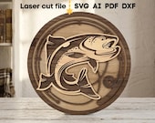 Fishing SVG. Laser cut file for Glowforge, Fish Fishing Rod Father's Day Gift Round Sign Wall Decor, Svg Dxf Ai Pdf Cdr, INSTANT DOWNLOAD