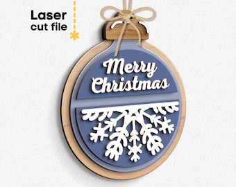 May include: A blue and brown wooden Christmas ornament with the text "Merry Christmas" and a snowflake design.
