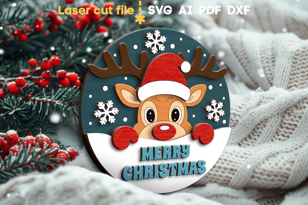 Merry Christmas SVG. Laser Cut File for Glowforge, Rudolf Reindeer ...