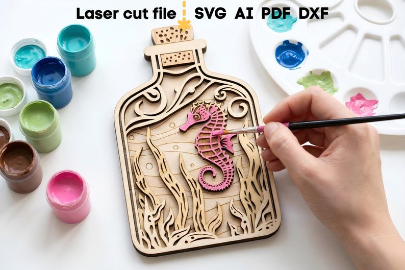 Lot de bouteilles de mer SVG. Fichier découpé au laser pour Glowforge, océan poisson dauphin hippocampe ancre navire sirène, Svg Dxf Ai Pdf Cdr, téléchargement immédiat image 4