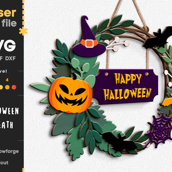 Halloween SVG. Laser cut file for Glowforge, Wreath Welcome Door Sign Svg Dxf Ai Pdf Cdr, INSTANT DOWNLOAD