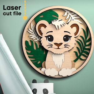 Bebê Leão SVG. Arquivo de corte a laser para Glowforge, Filhote de leão, Folhas de Monstera, Conjunto de placa redonda de bebê de berçário, Svg Dxf Ai Pdf Cdr, DOWNLOAD INSTANTÂNEO