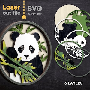 Panda SVG. File tagliato al laser per Glowforge, Animali della giungla, Bambù, Segno rotondo a strati, Decorazione della parete di casa, DOWNLOAD IMMEDIATO, Svg Dxf Ai Pdf Cdr