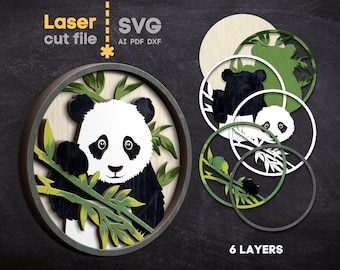 May include: A layered, laser-cut design of a panda bear holding bamboo. The design is in black, white, and green and is made up of six layers. The text "6 LAYERS" is visible at the bottom of the image.